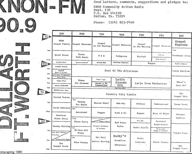 KNON station schedules, 1983-1985